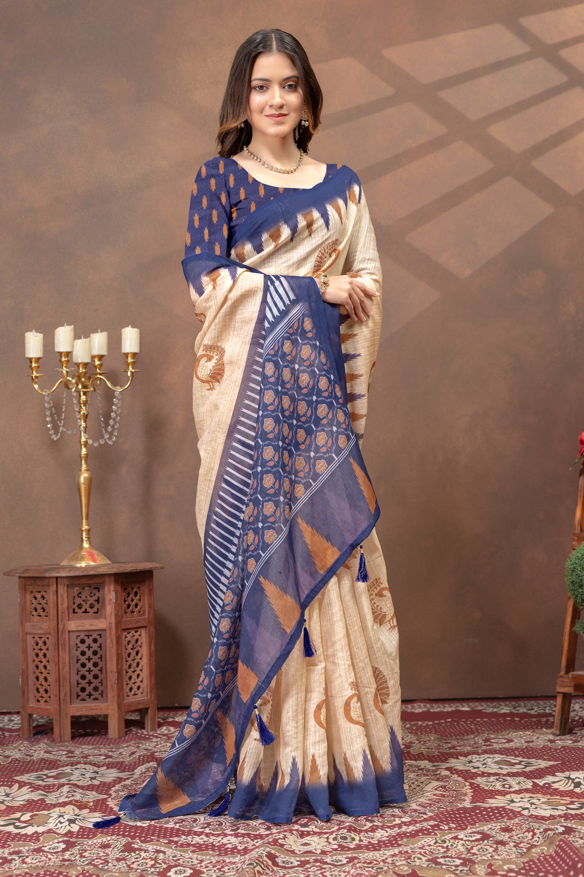 Beige Linen Cotton Saree with Peacock Print and Navy Border for Women