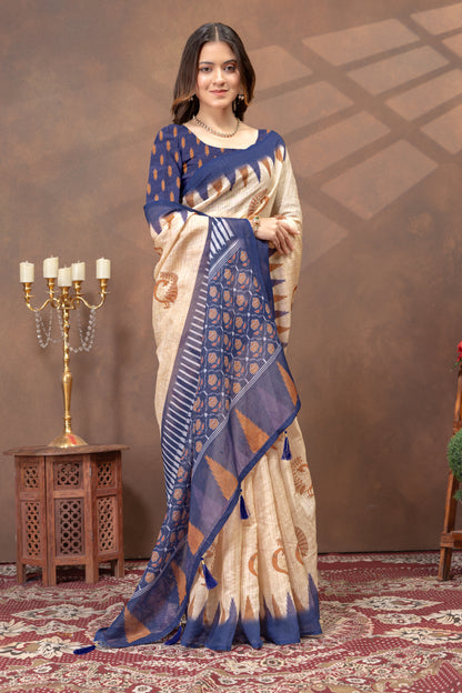 Beige Linen Cotton Saree with Peacock Print and Navy Border for Women