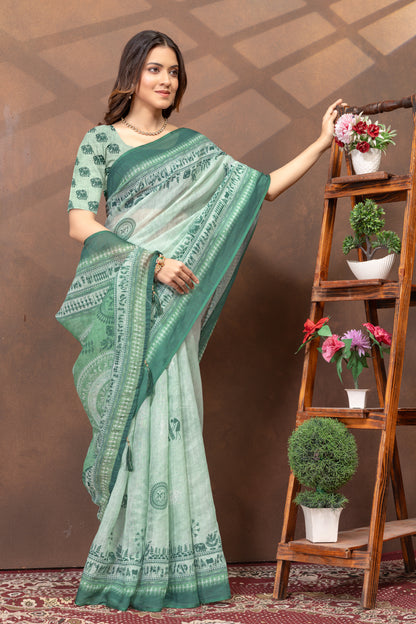 Pastel Green Folk Print Saree with Traditional Woven Border for Women