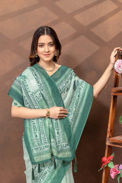 Pastel Green Folk Print Saree with Traditional Woven Border for Women