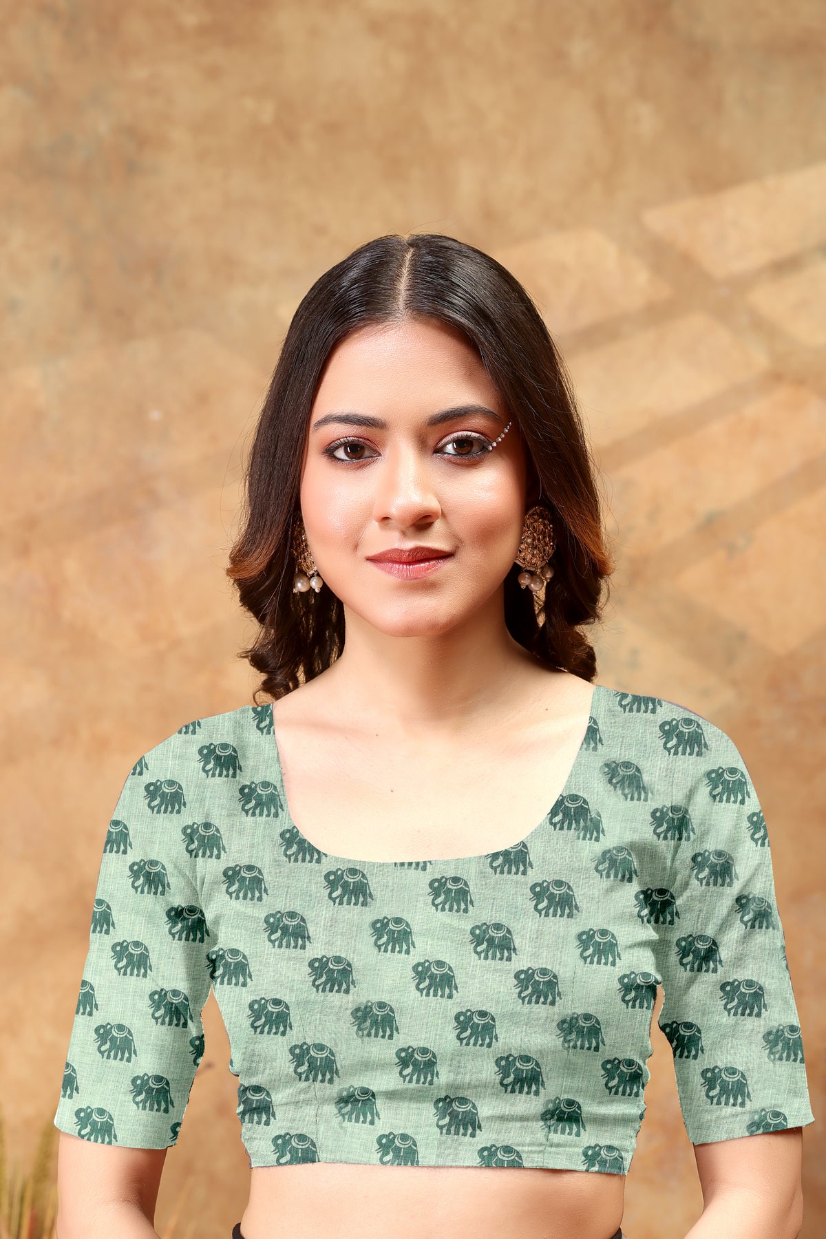 Pastel Green Folk Print Saree with Traditional Woven Border for Women