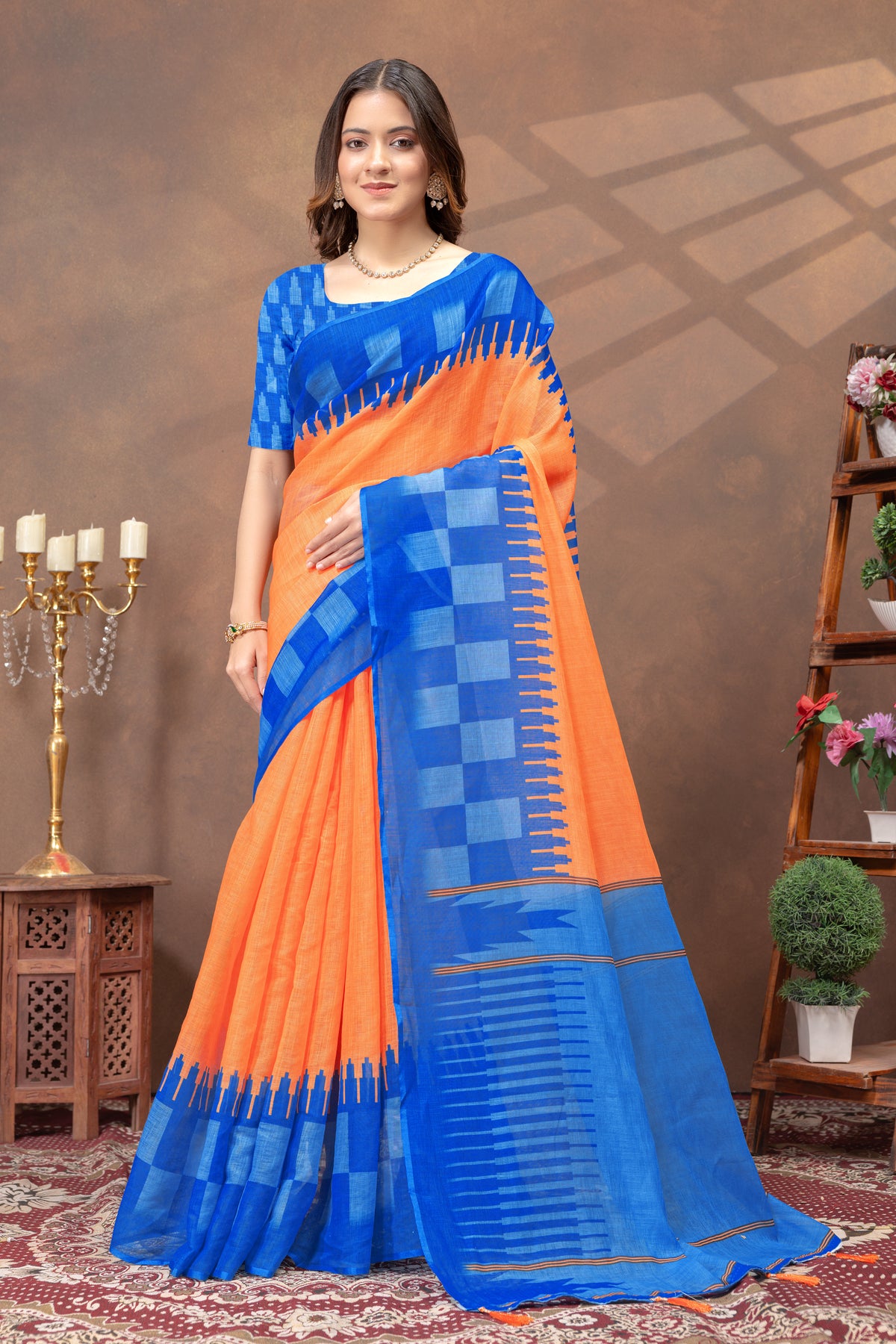 Blue Orange Linen Cotton Saree with Printed Borders for Women