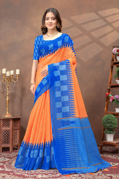 Blue Orange Linen Cotton Saree with Printed Borders for Women