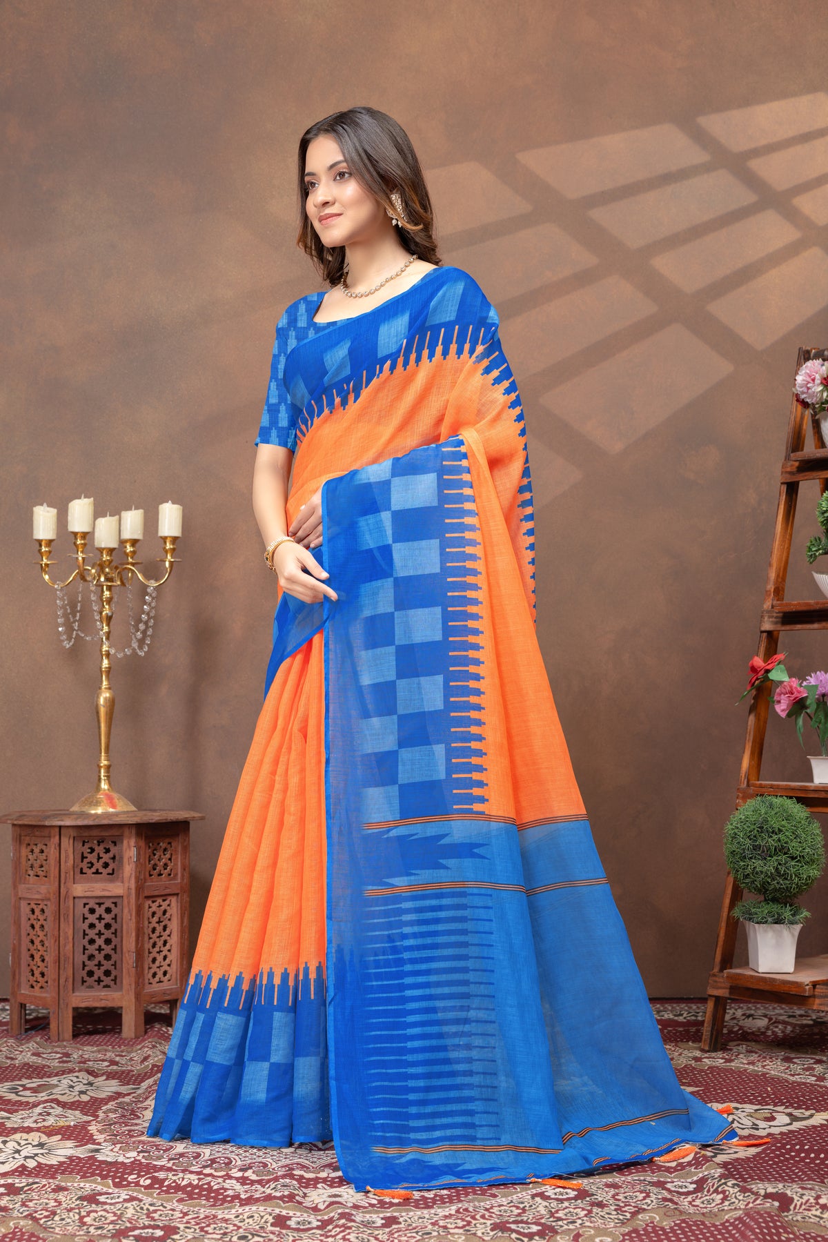Blue Orange Linen Cotton Saree with Printed Borders for Women