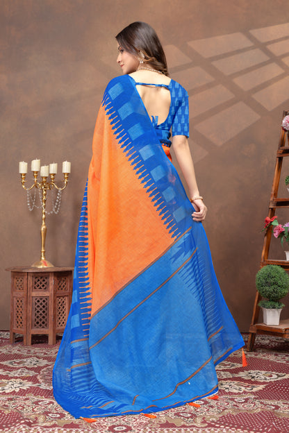 Blue Orange Linen Cotton Saree with Printed Borders for Women
