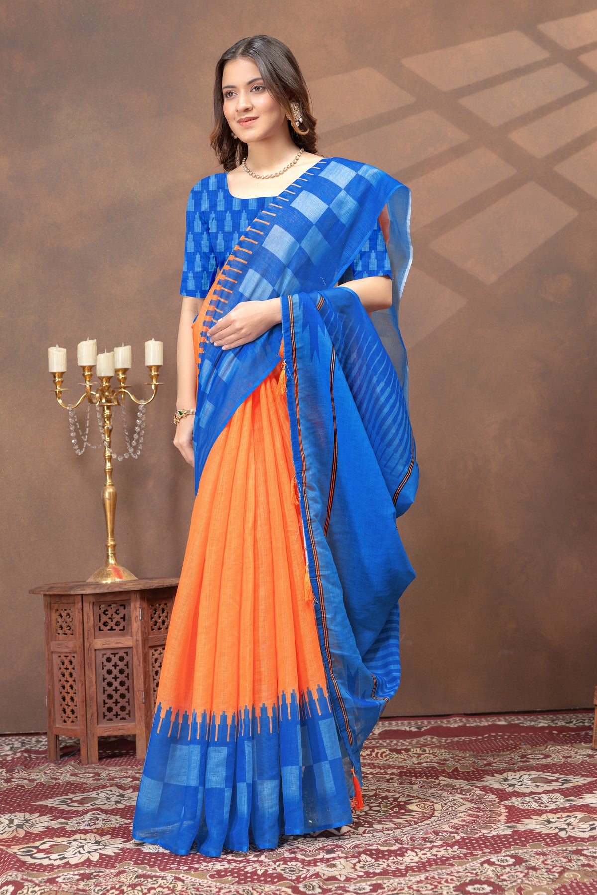 Blue Orange Linen Cotton Saree with Printed Borders for Women