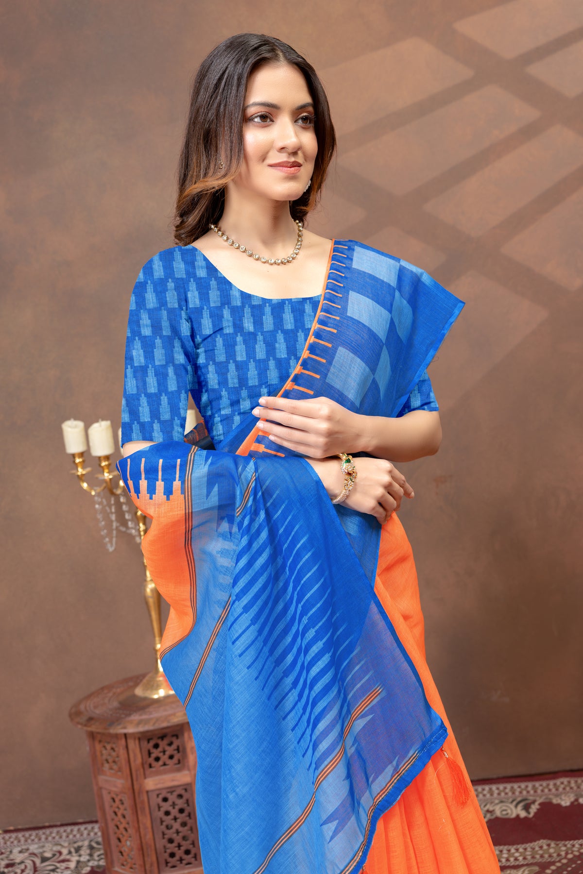 Blue Orange Linen Cotton Saree with Printed Borders for Women