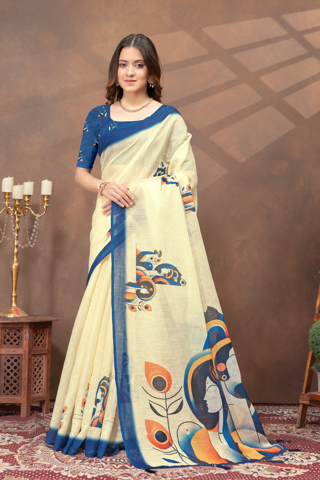 Cream Linen Cotton Saree with Blue Artistic Print for Women