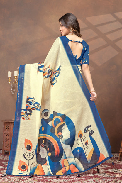 Cream Linen Cotton Saree with Blue Artistic Print for Women