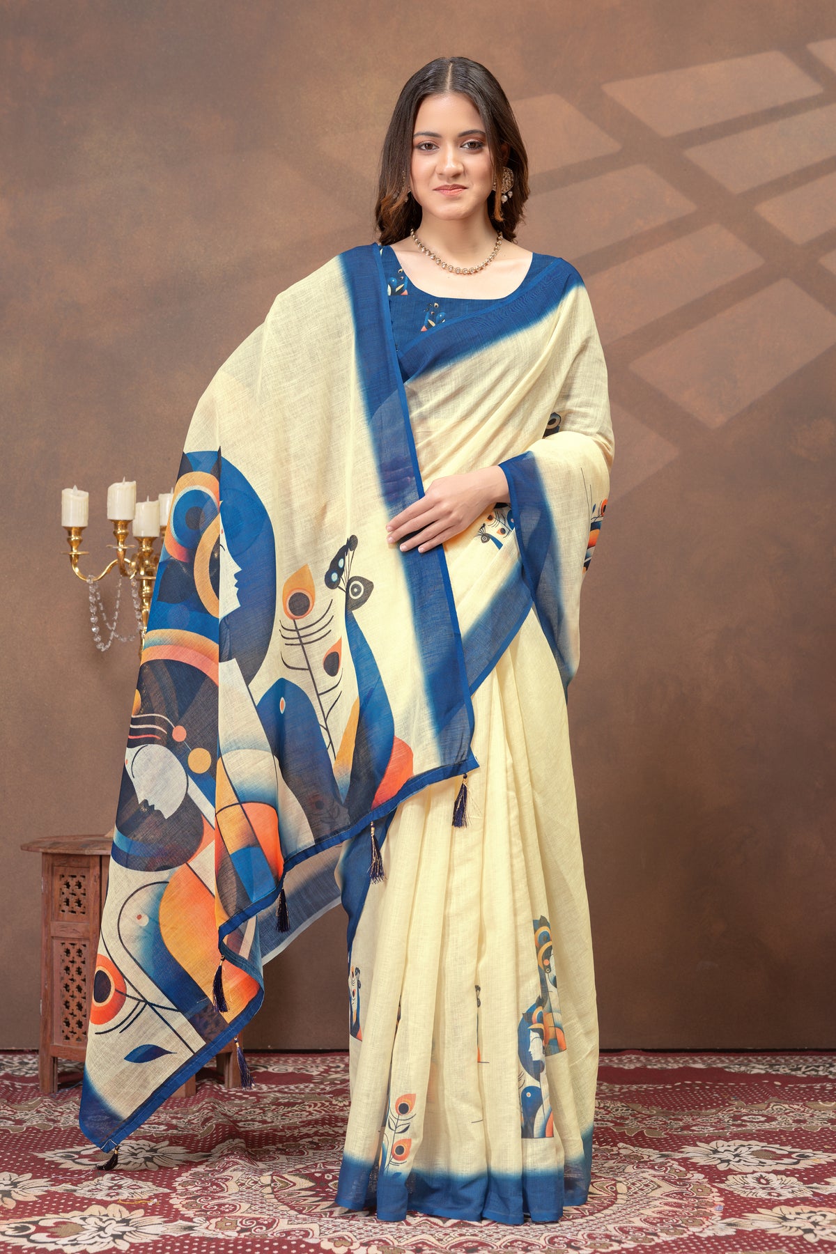 Cream Linen Cotton Saree with Blue Artistic Print for Women
