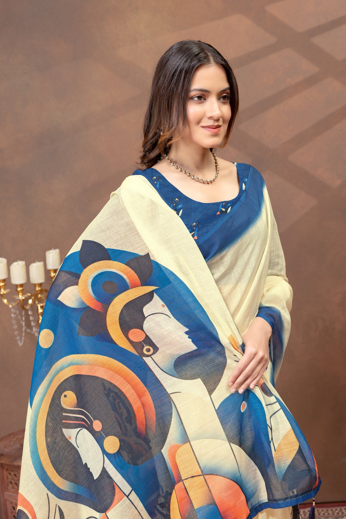 Cream Linen Cotton Saree with Blue Artistic Print for Women