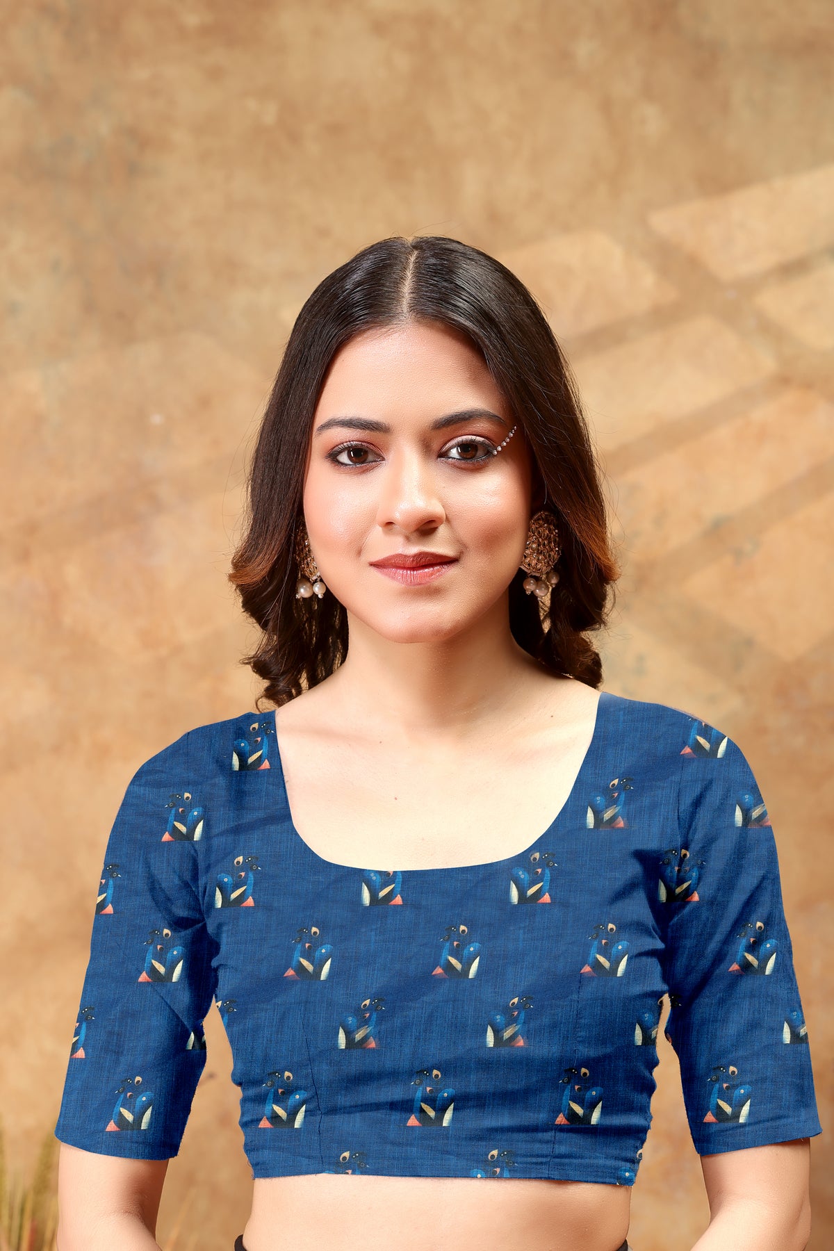 Cream Linen Cotton Saree with Blue Artistic Print for Women