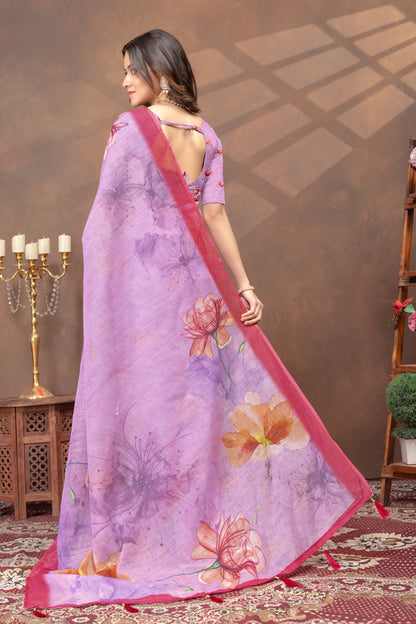 Purple Floral Print Satin Saree With Contrast Border Blouse for Women