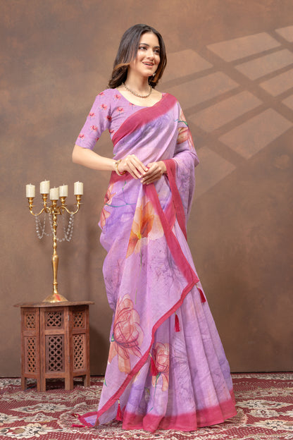 Purple Floral Print Satin Saree With Contrast Border Blouse for Women