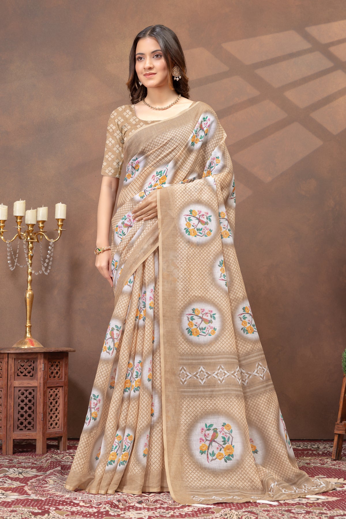 Beige Linen Cotton Saree with Designer Pallu by for Women