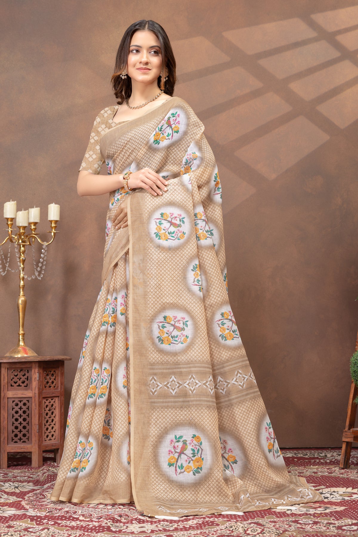 Beige Linen Cotton Saree with Designer Pallu by for Women