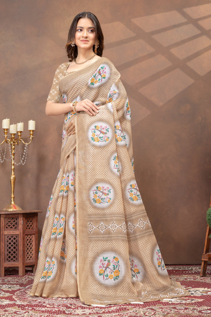 Beige Linen Cotton Saree with Designer Pallu by for Women