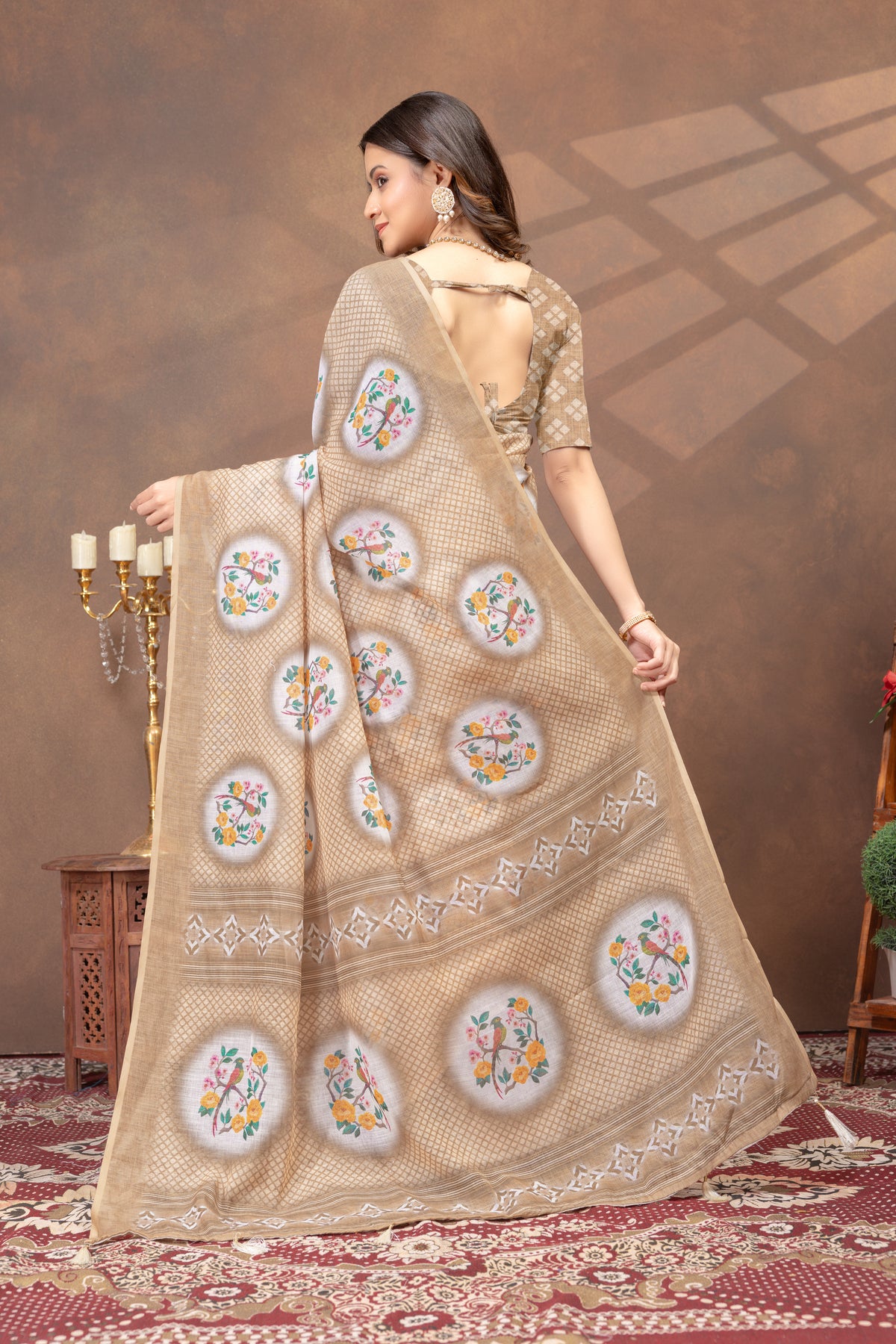 Beige Linen Cotton Saree with Designer Pallu by for Women