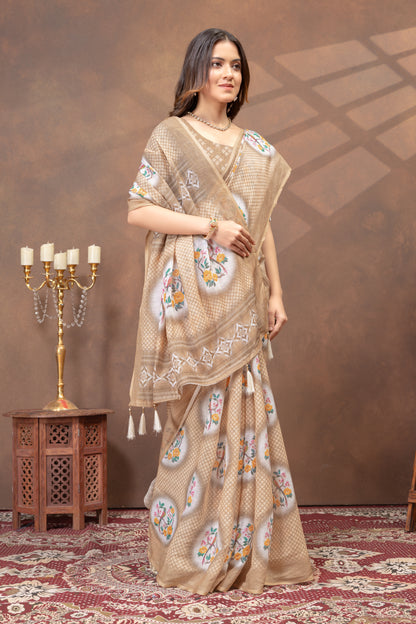 Beige Linen Cotton Saree with Designer Pallu by for Women