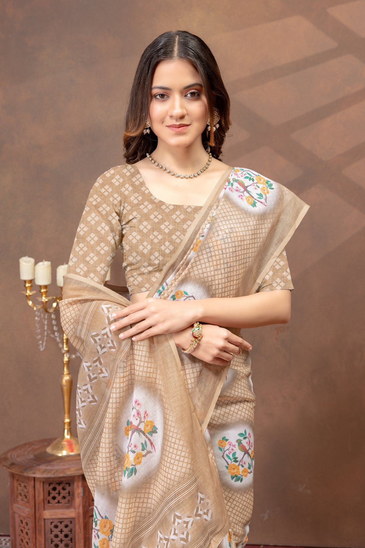 Beige Linen Cotton Saree with Designer Pallu by for Women