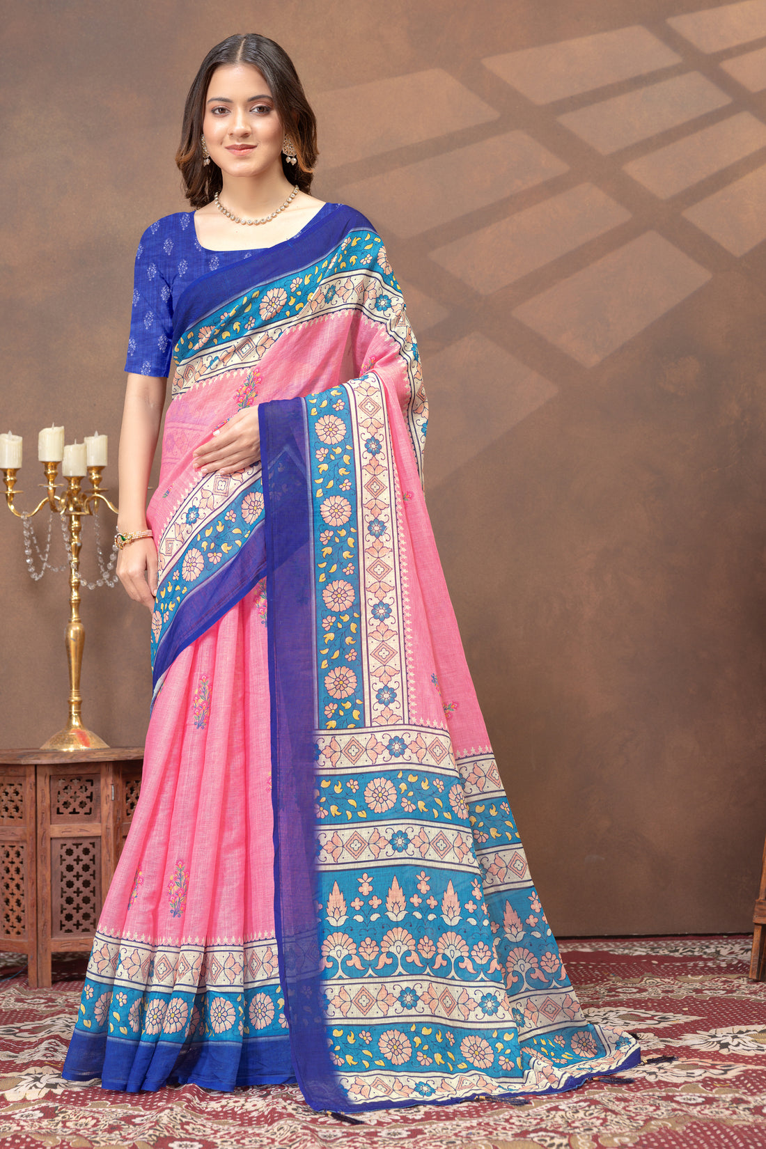 Rose Pink Floral Linen Cotton Saree with Blue Border for Women
