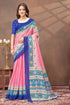 Rose Pink Floral Linen Cotton Saree with Blue Border for Women