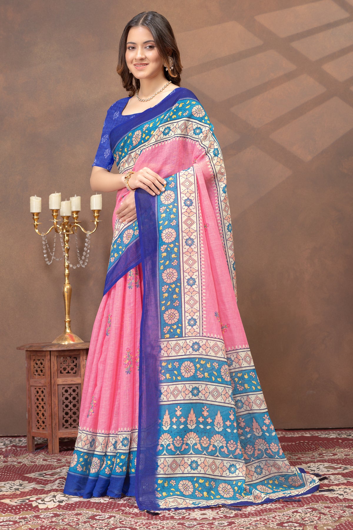 Rose Pink Floral Linen Cotton Saree with Blue Border for Women