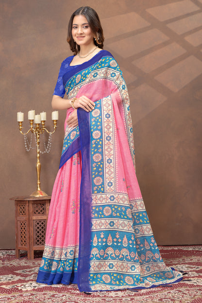 Rose Pink Floral Linen Cotton Saree with Blue Border for Women