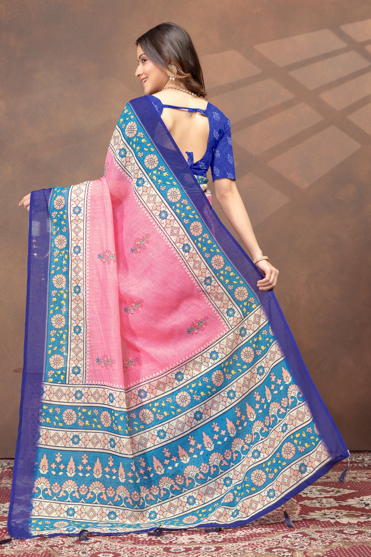 Rose Pink Floral Linen Cotton Saree with Blue Border for Women