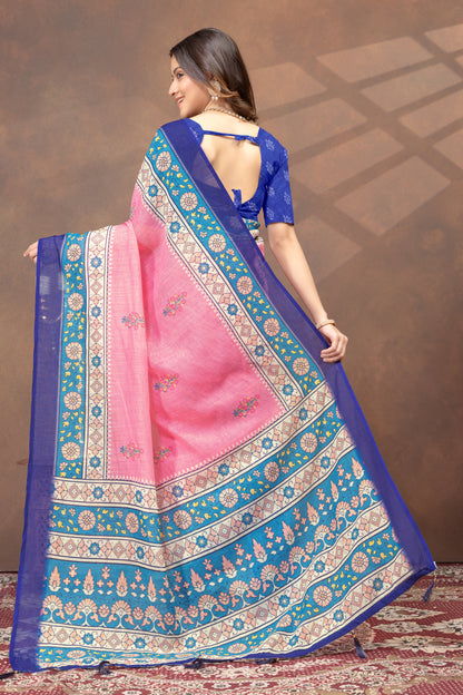 Rose Pink Floral Linen Cotton Saree with Blue Border for Women