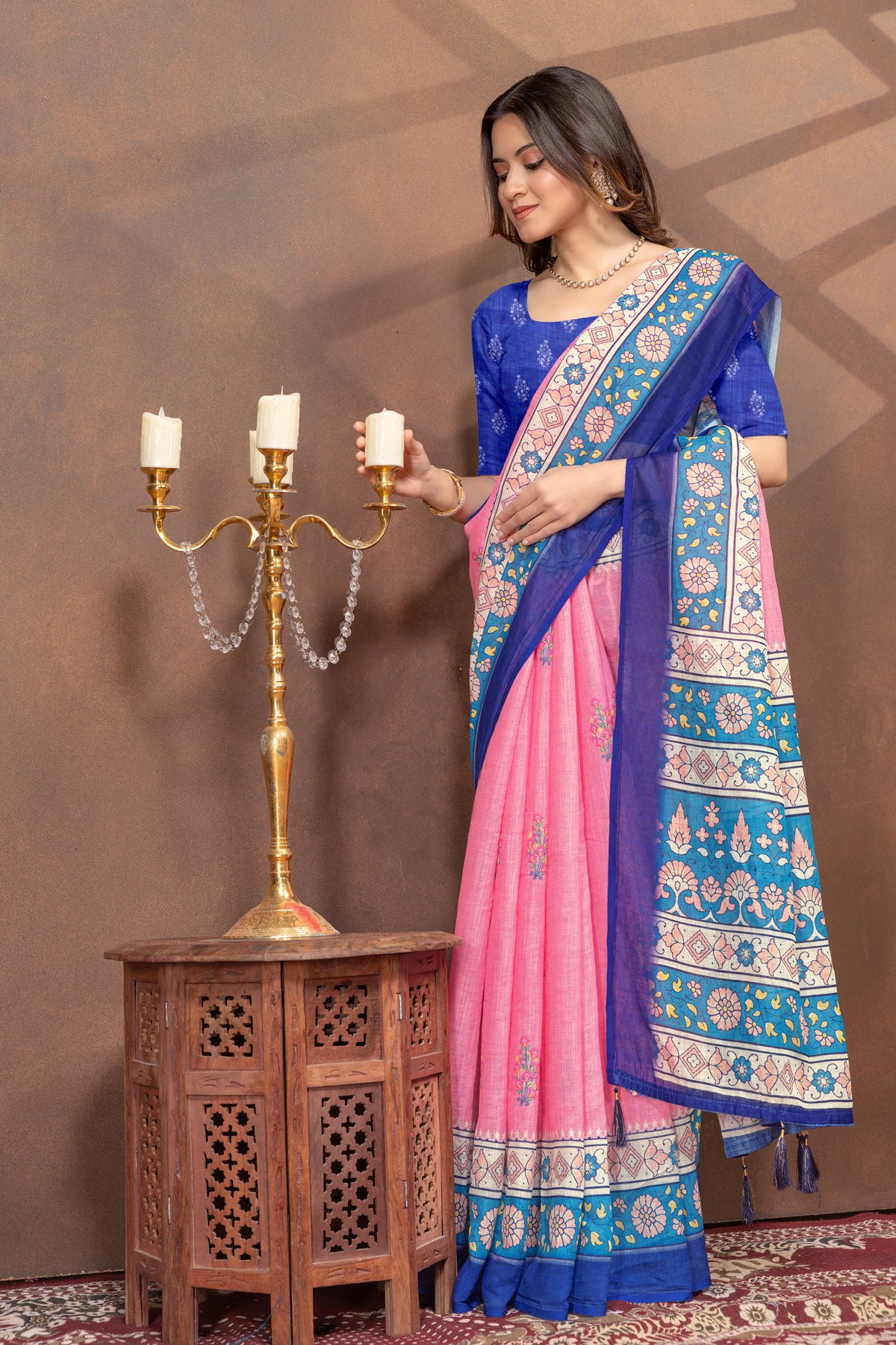 Rose Pink Floral Linen Cotton Saree with Blue Border for Women