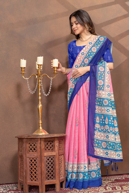 Rose Pink Floral Linen Cotton Saree with Blue Border for Women