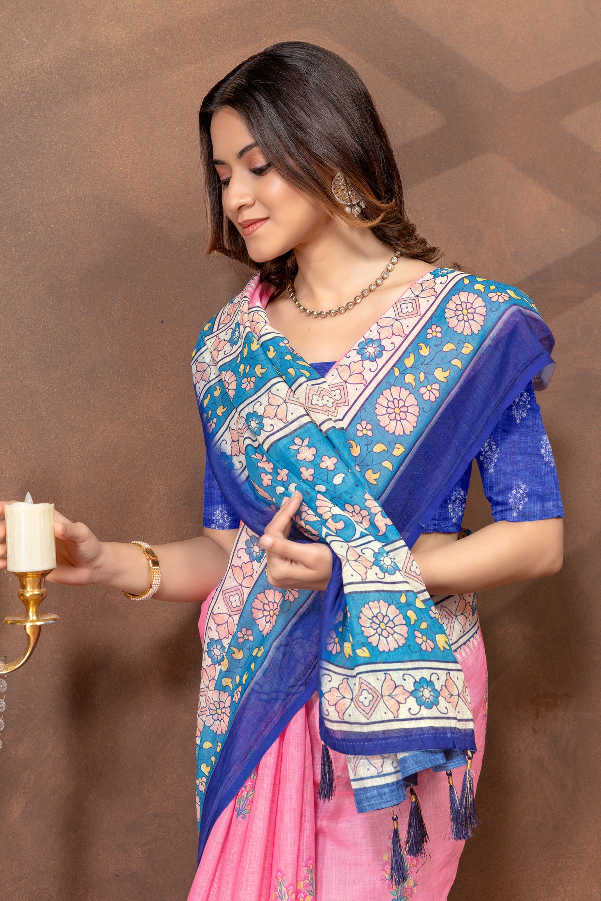 Rose Pink Floral Linen Cotton Saree with Blue Border for Women