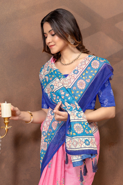 Rose Pink Floral Linen Cotton Saree with Blue Border for Women