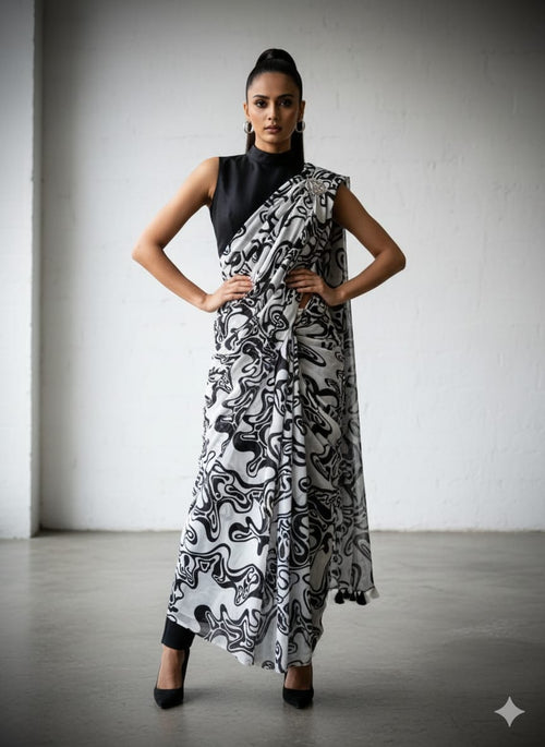 Aesthetic Monochrome Marshmallow Georgette Saree