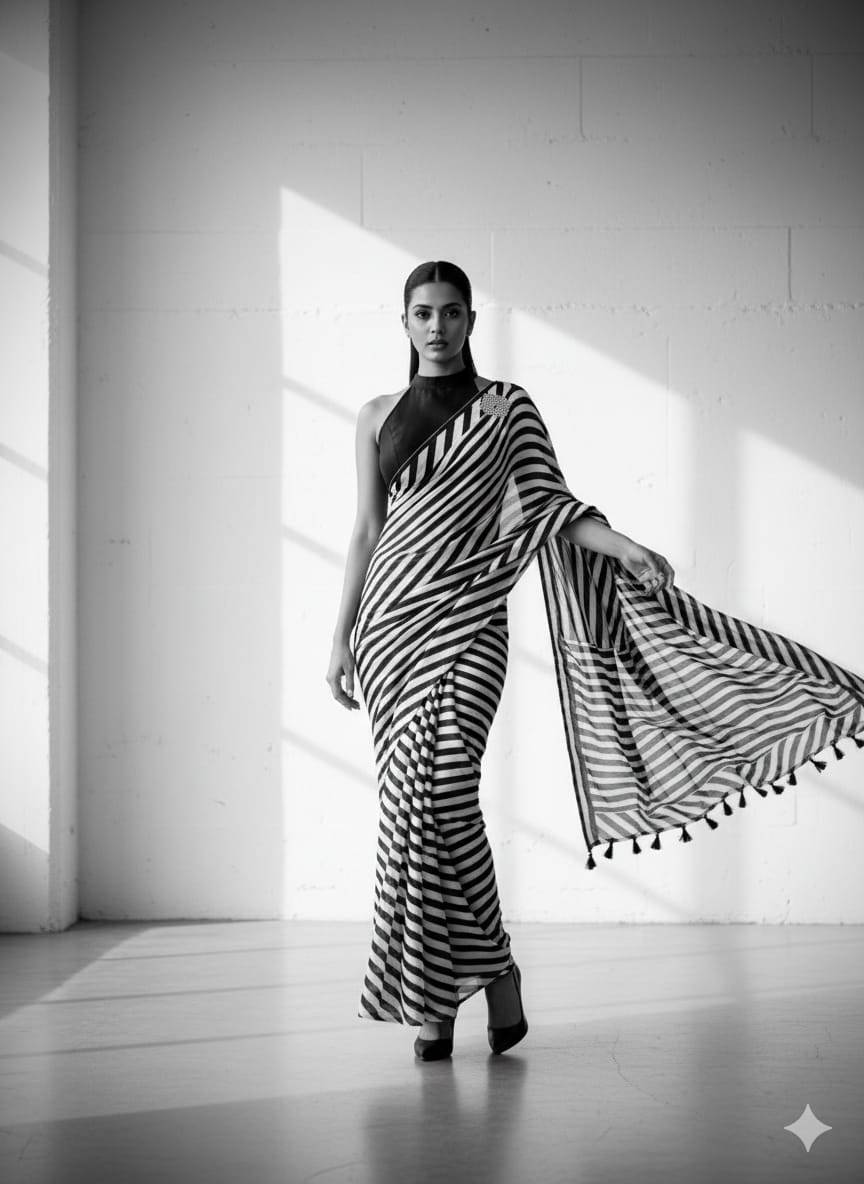 Aesthetic Monochrome Marshmallow Georgette Saree