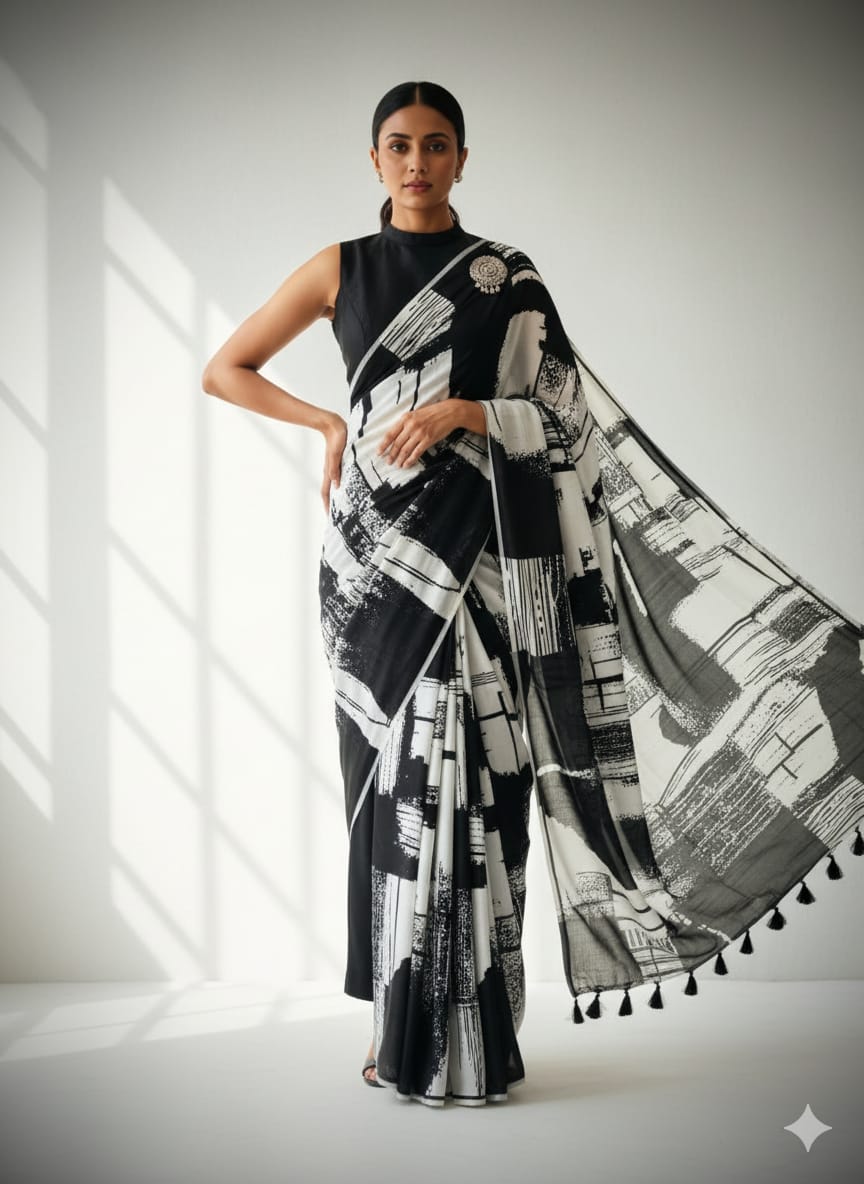 Aesthetic Monochrome Marshmallow Georgette Saree for Women