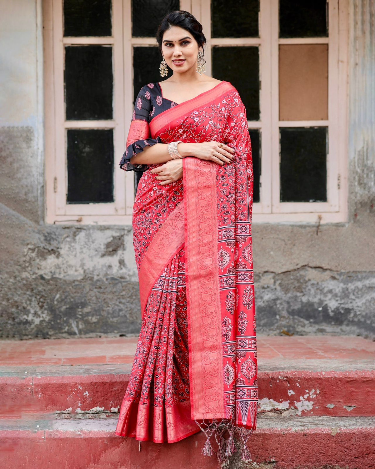 Bold Ajrakh Banarasi Saree for Elegant Festive Styling for Women