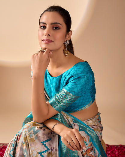 Aqua Lichi Silk Saree with Zari Woven Border for Women