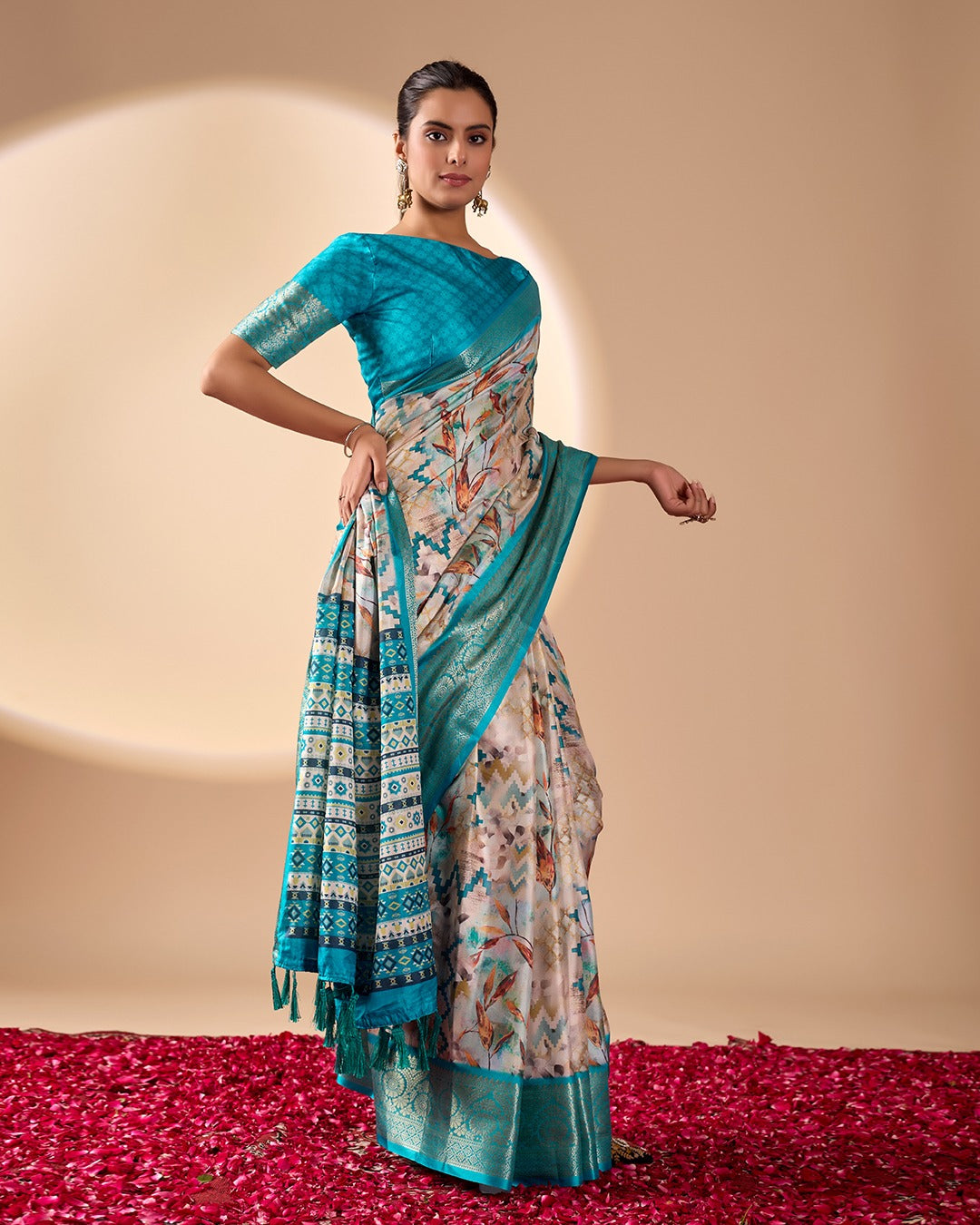 Aqua Lichi Silk Saree with Zari Woven Border for Women