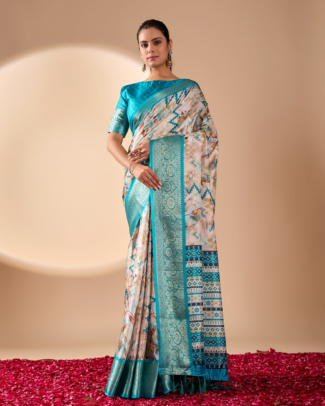 Aqua Printed Lichi Silk Saree with Zari Border Style for Women