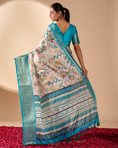 Aqua Printed Lichi Silk Saree with Zari Border Style for Women