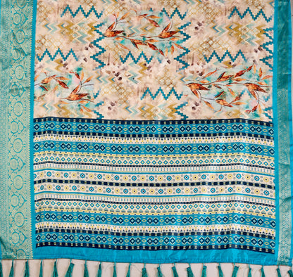 Aqua Printed Lichi Silk Saree with Zari Border Style for Women