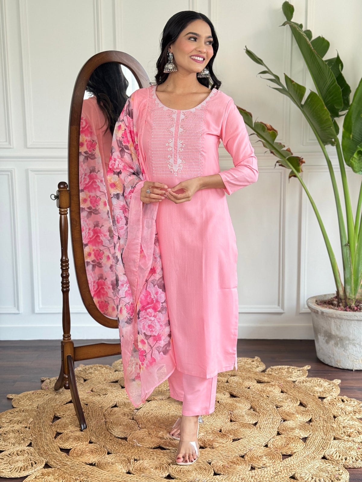 Baby Pink Embroidered Rayon Kurta Set with Silk Dupatta for Women