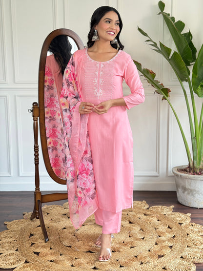 Baby Pink Embroidered Rayon Kurta Set with Silk Dupatta for Women