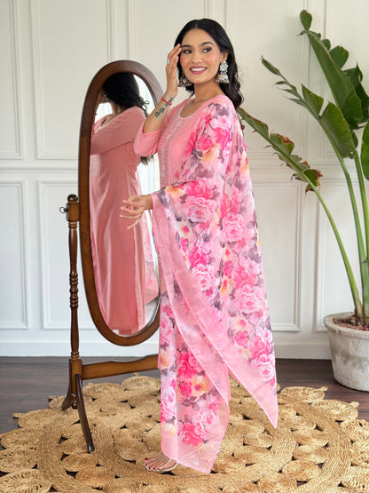 Baby Pink Embroidered Rayon Kurta Set with Silk Dupatta for Women