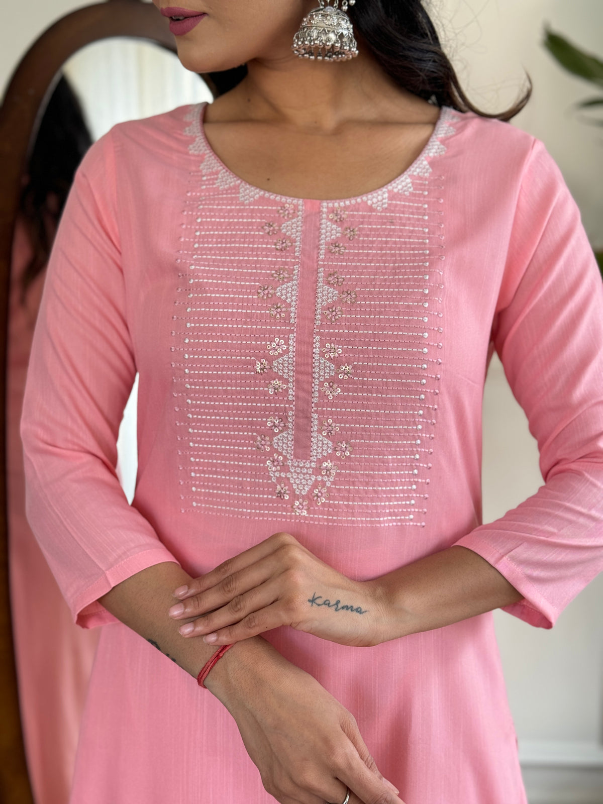 Baby Pink Embroidered Rayon Kurta Set with Silk Dupatta for Women