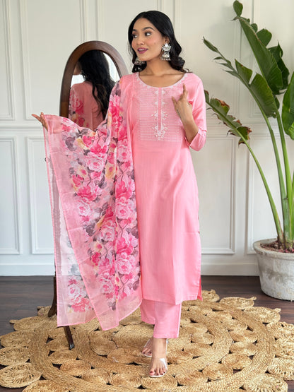 Baby Pink Embroidered Rayon Kurta Set with Silk Dupatta for Women