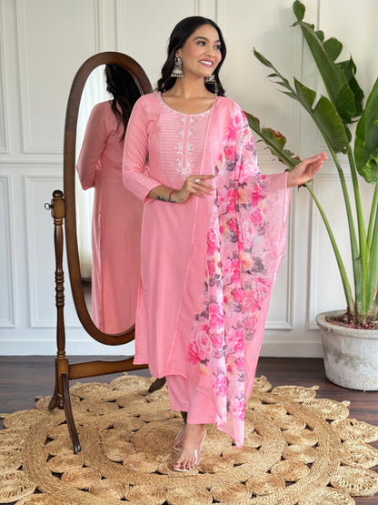 Baby Pink Embroidered Rayon Kurta Set with Silk Dupatta for Women