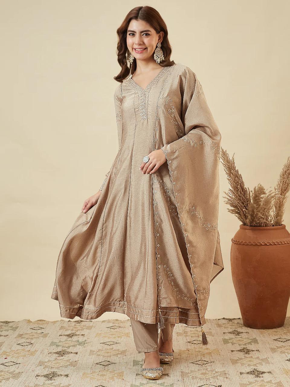 Elegant Beige Anarkali Kurta Pant Set with Dupatta for Women